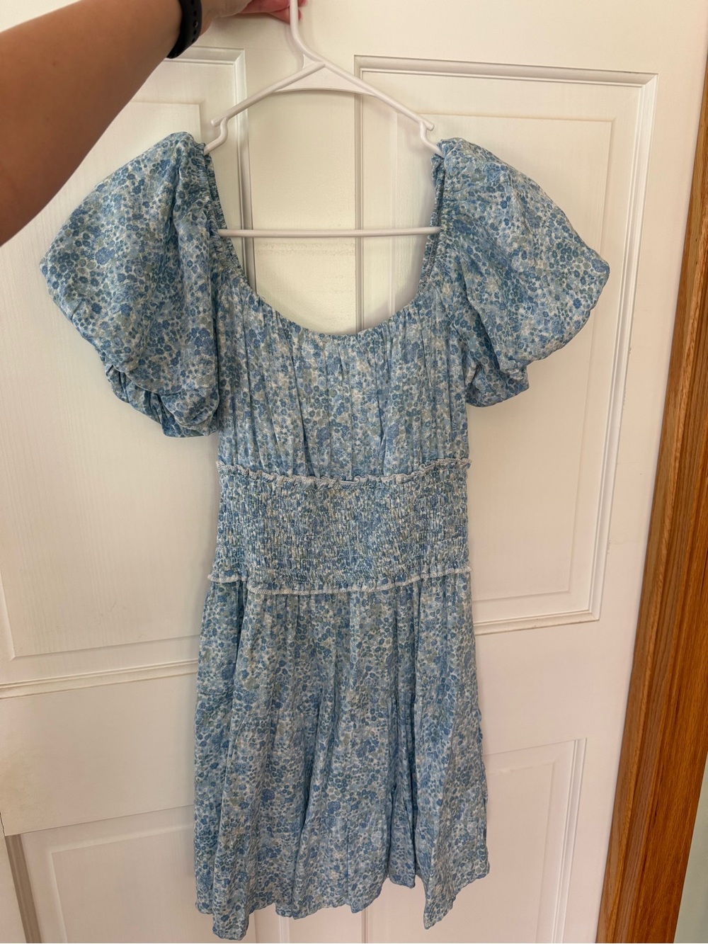 Altar'd State Light Blue Floral Puff-Sleeve Mini Dress